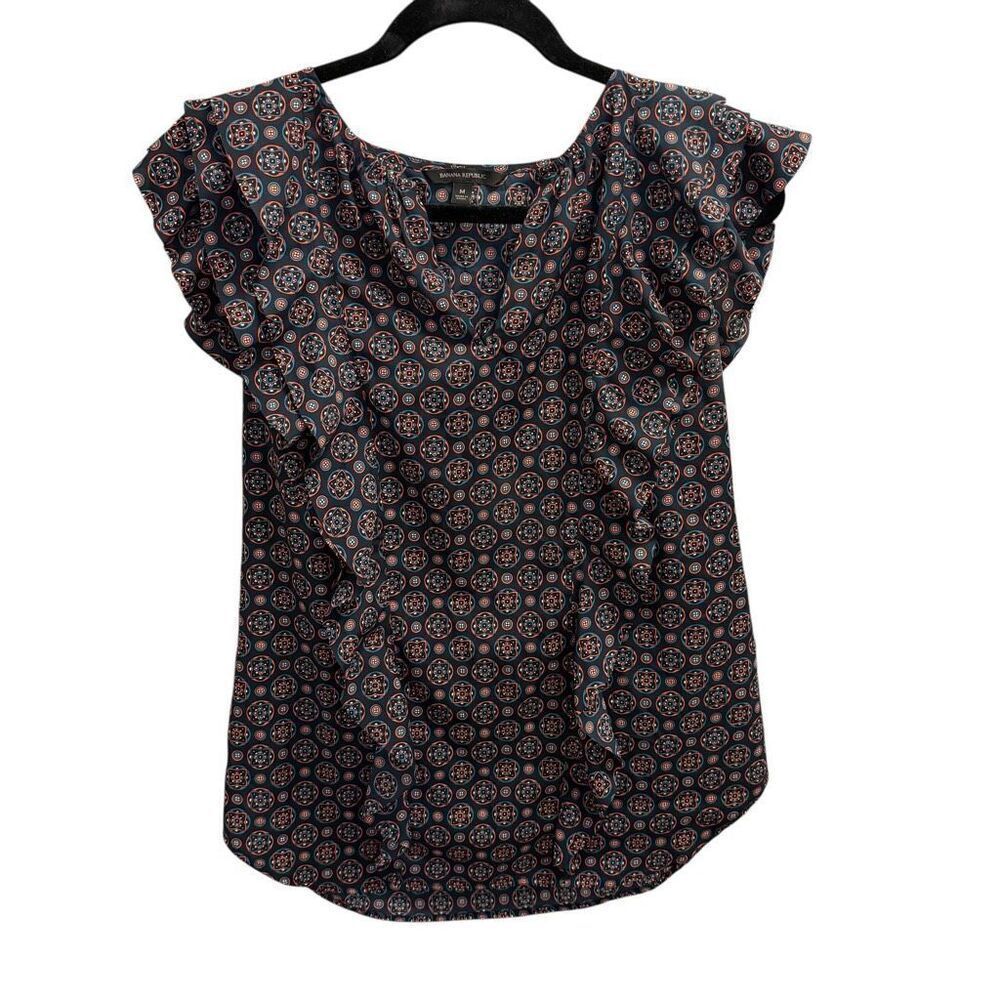 Banana Republic geometric navy orange short sleeve blouse size medium